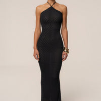 « Heure Tardive » — Robe Longue Halter Côtelée, Noir