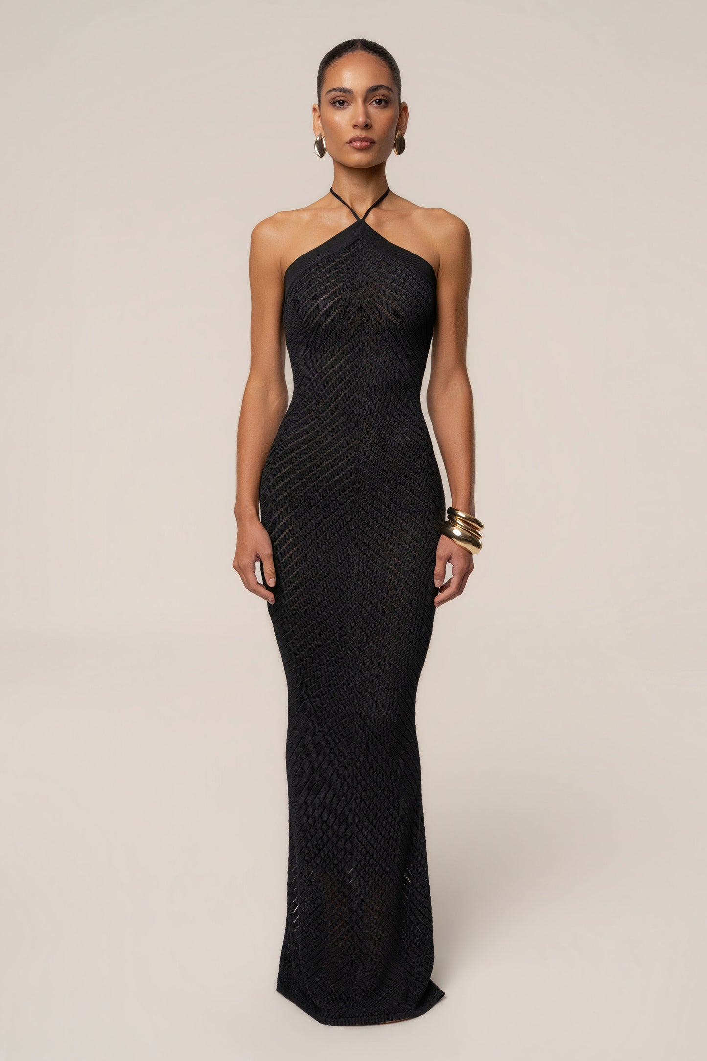« Heure Tardive » — Robe Longue Halter Côtelée, Noir