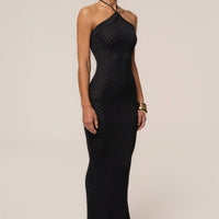 « Heure Tardive » — Robe Longue Halter Côtelée, Noir
