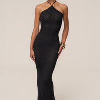« Heure Tardive » — Robe Longue Halter Côtelée, Noir