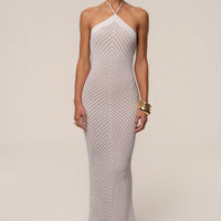 « Heure Tardive » — Robe Longue Halter Côtelée, Blanc