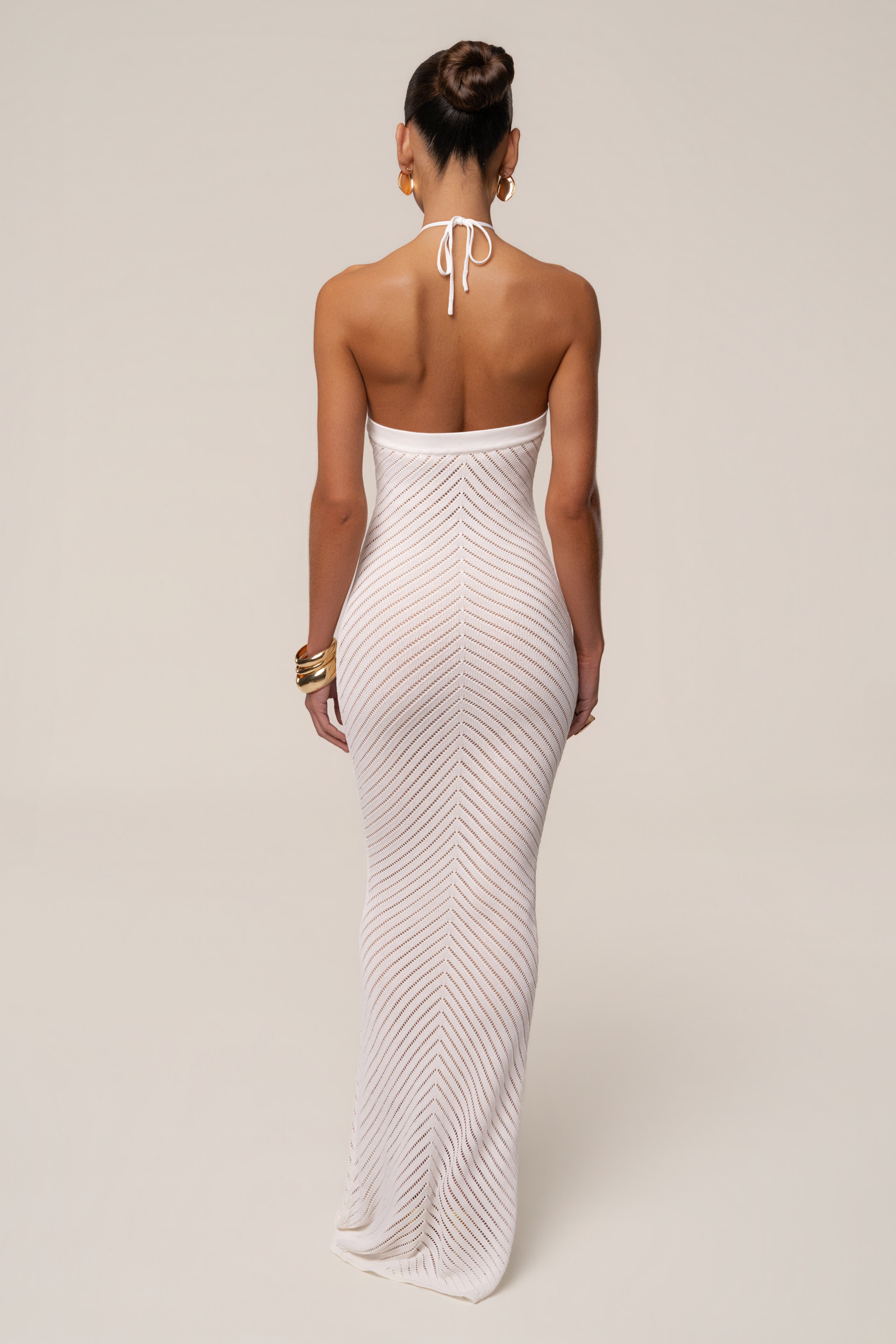 « Heure Tardive » — Robe Longue Halter Côtelée, Blanc