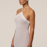 « Heure Tardive » — Robe Longue Halter Côtelée, Blanc