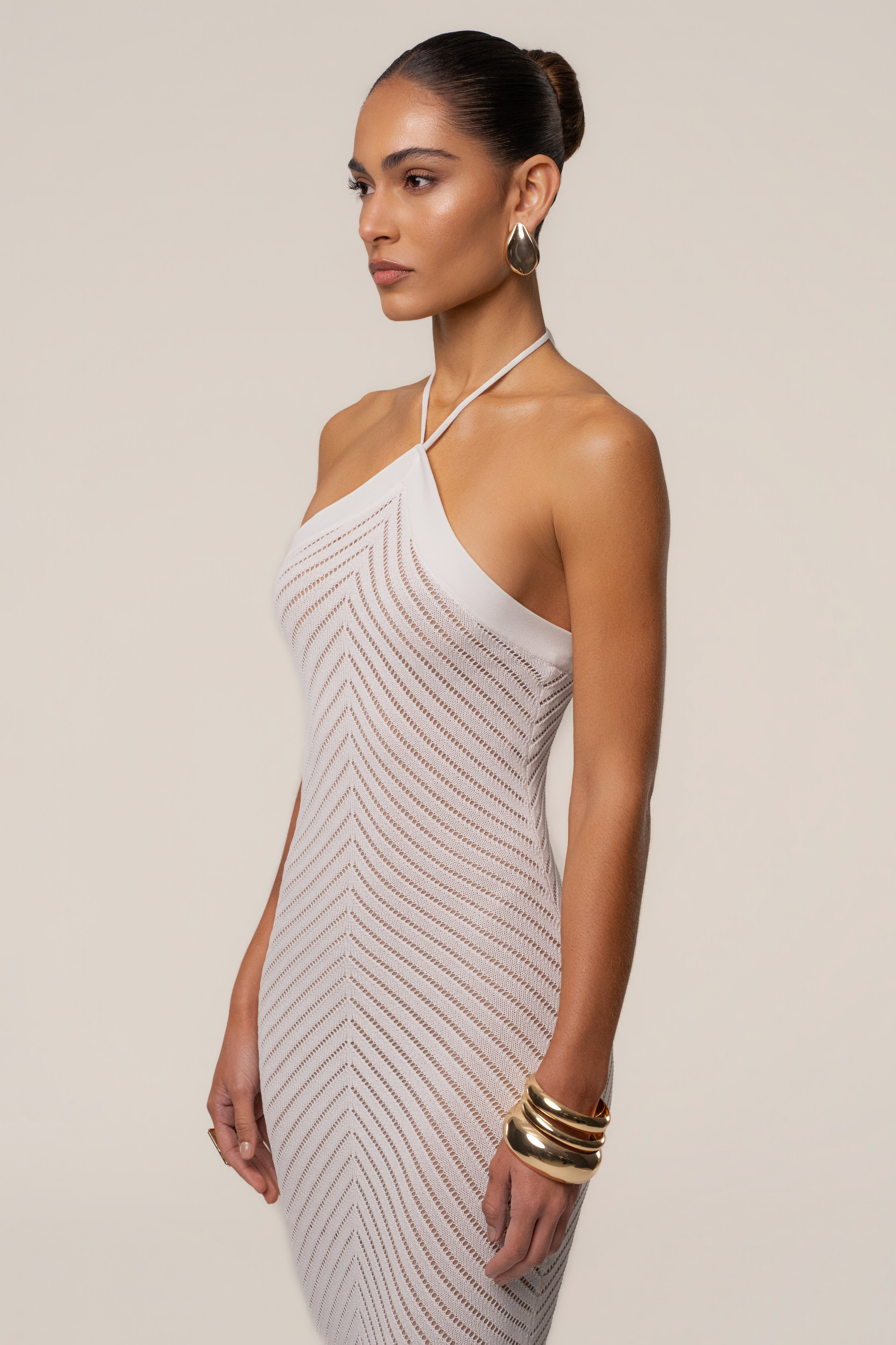« Heure Tardive » — Robe Longue Halter Côtelée, Blanc