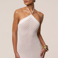 « Heure Tardive » — Robe Longue Halter Côtelée, Blanc