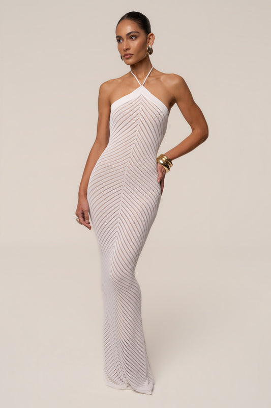 « Heure Tardive » — Robe Longue Halter Côtelée, Blanc