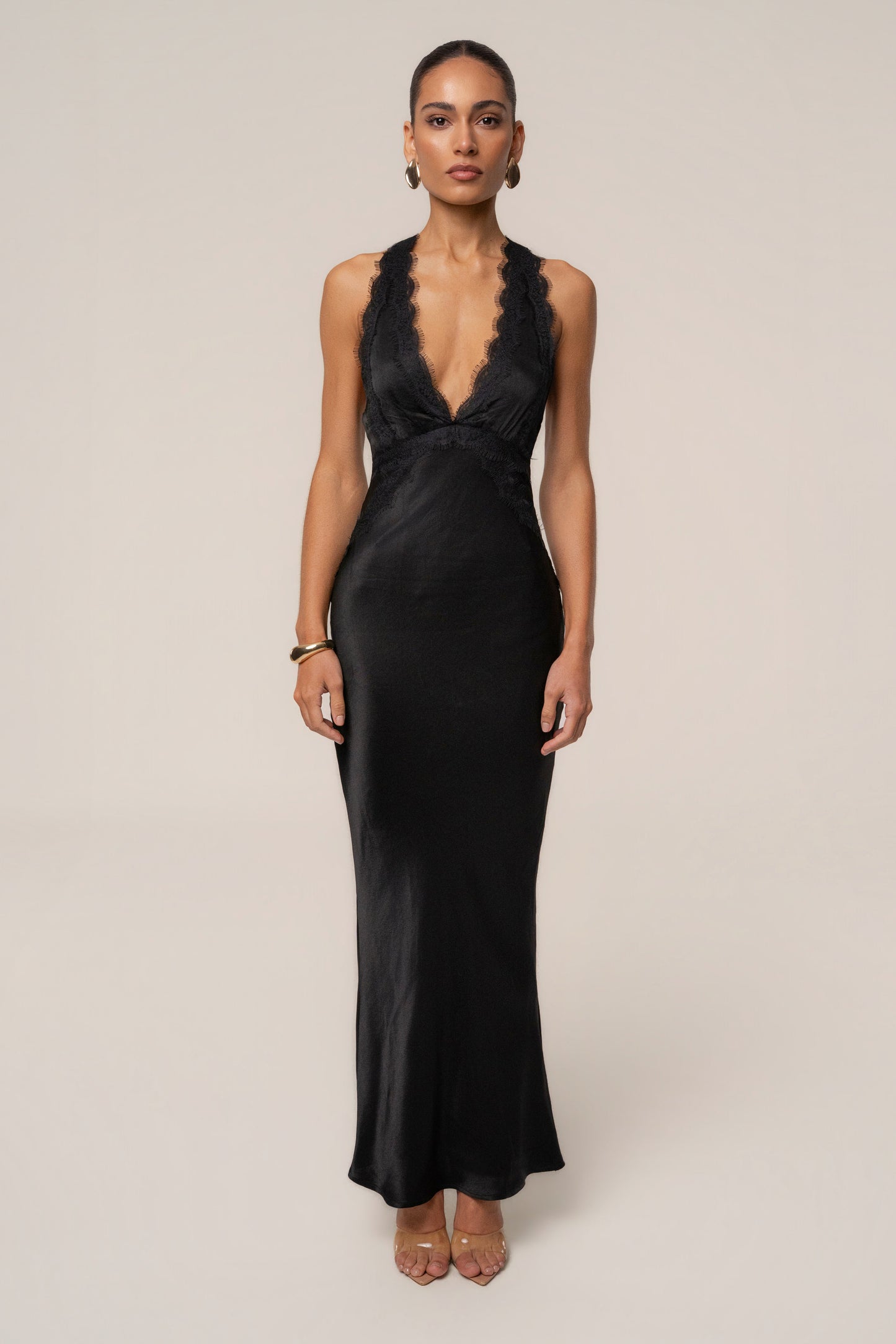 « Nuit de Satin » — Robe Longue Bustier Dos Croisé, Noir