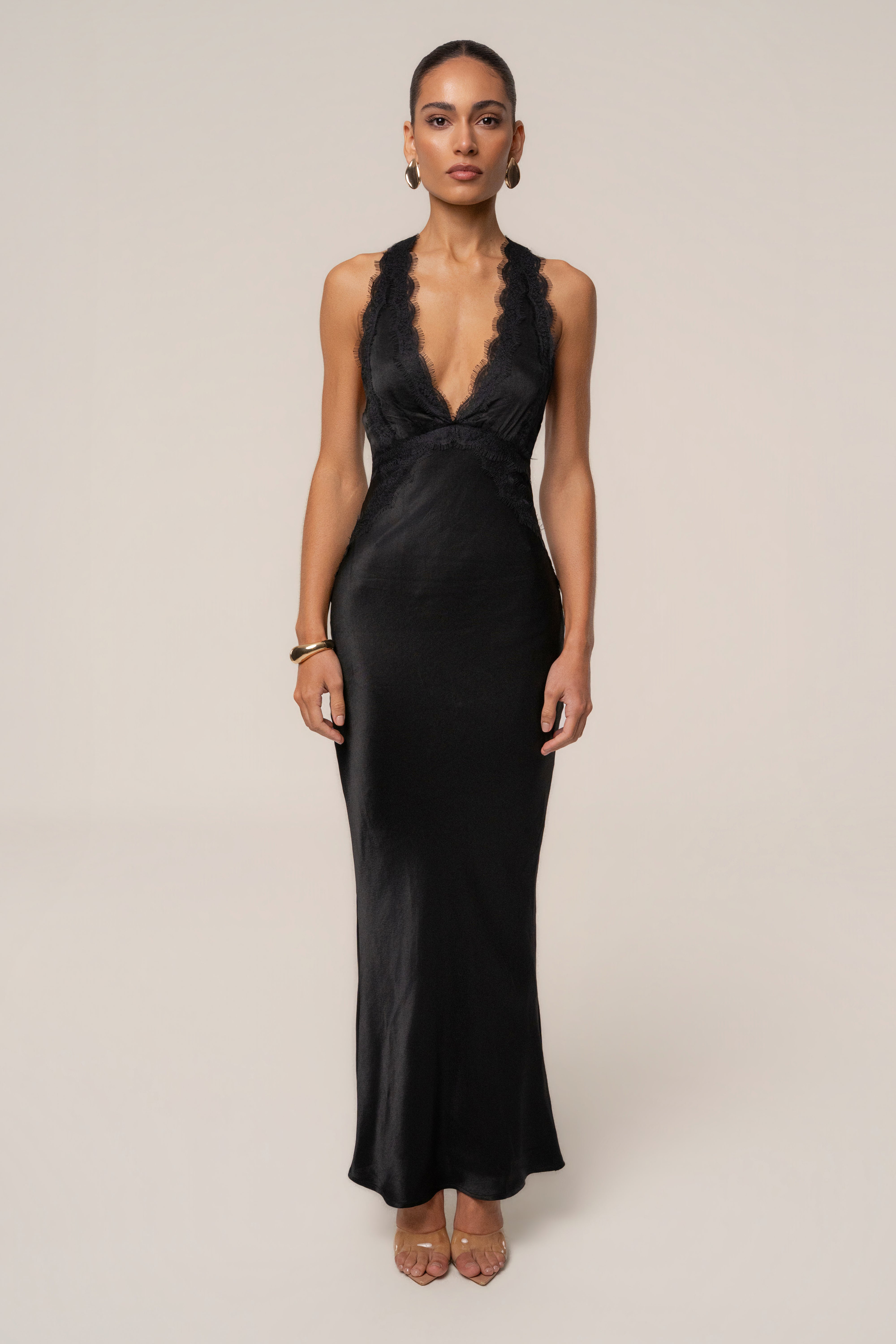 « Nuit de Satin » — Robe Longue Bustier Dos Croisé, Noir