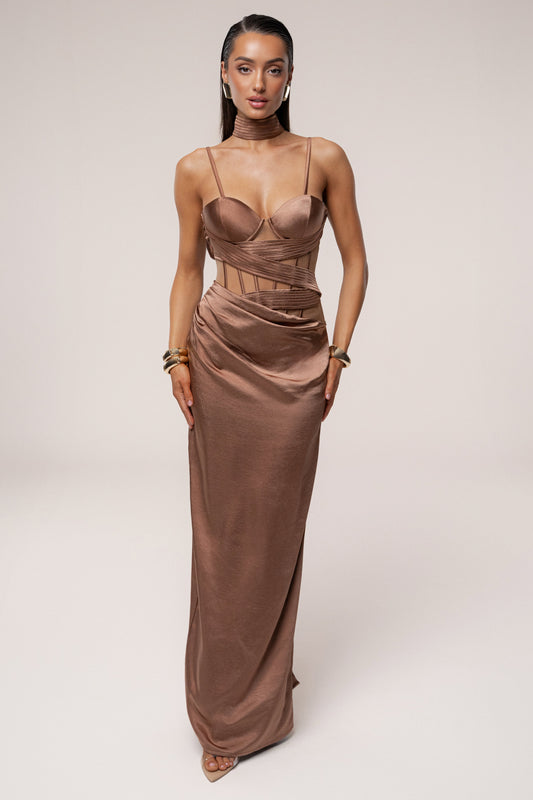 « Heure Dorée » — Robe Longue Corset, Bronze