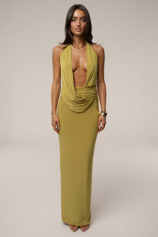 « Aube Drapée » — Robe Longue Dos Nu Col Bénitier, Vert Mousse