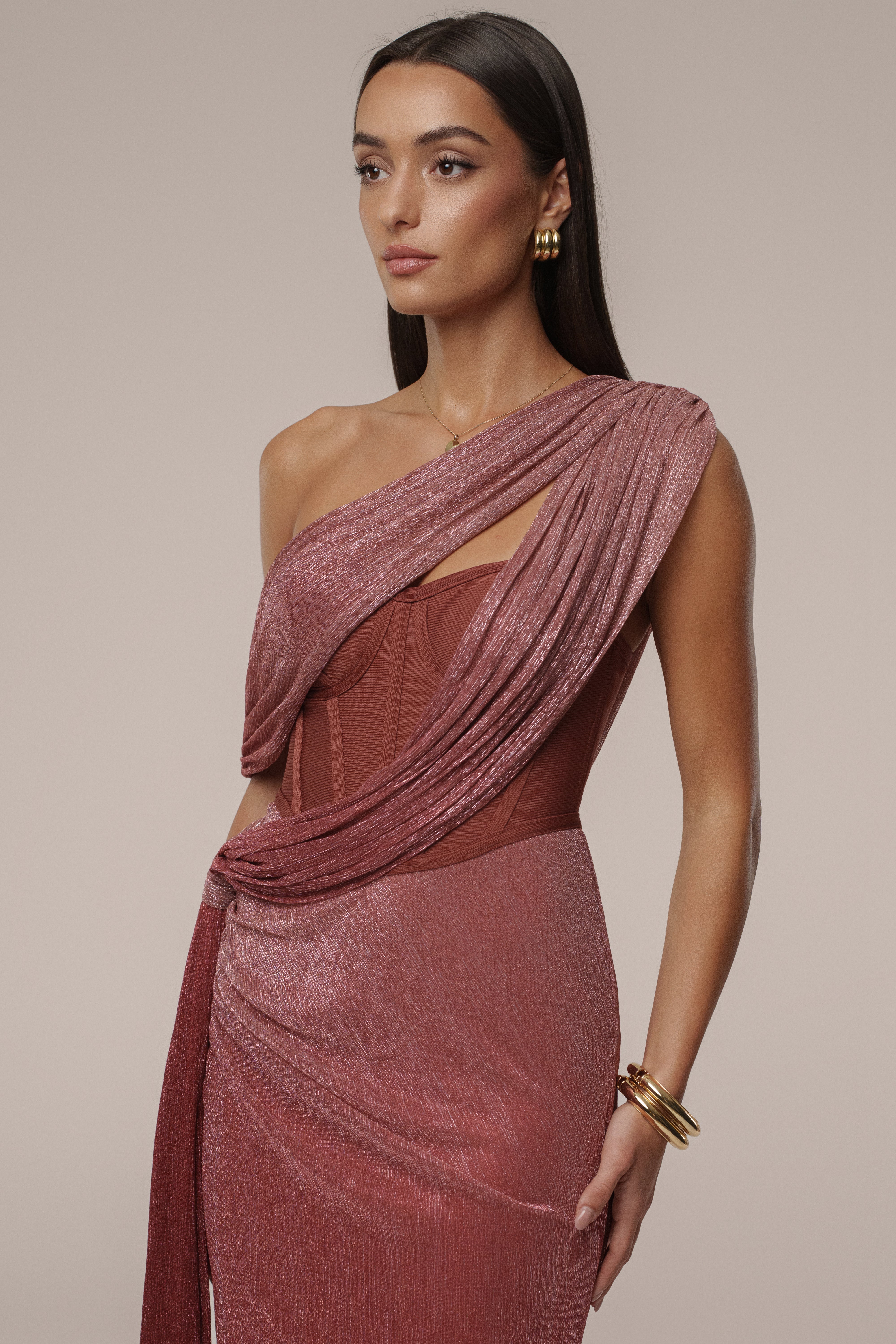 « Céleste » — Robe Longue Drapée Bandage, Rouge