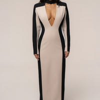« Première Nuit » — Robe Longue Contrastée Manches Longues, Pierre/Noir