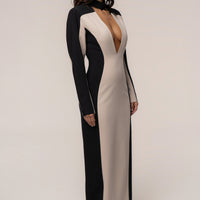 « Première Nuit » — Robe Longue Contrastée Manches Longues, Pierre/Noir