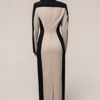 « Première Nuit » — Robe Longue Contrastée Manches Longues, Pierre/Noir