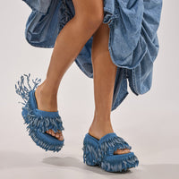 AKIRA GOLD RAMESHA DENIM FRINGE PLATFORM SANDAL