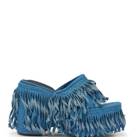 AKIRA GOLD RAMESHA DENIM FRINGE PLATFORM SANDAL
