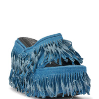AKIRA GOLD RAMESHA DENIM FRINGE PLATFORM SANDAL