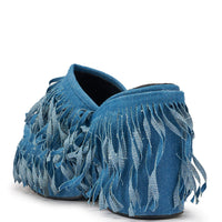 AKIRA GOLD RAMESHA DENIM FRINGE PLATFORM SANDAL