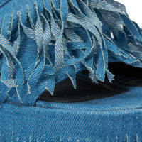 AKIRA GOLD RAMESHA DENIM FRINGE PLATFORM SANDAL