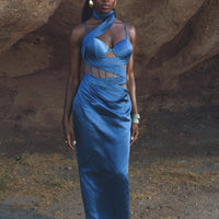 « Heure Dorée » — Robe Longue Corset, Bleu