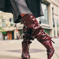 AZALEA WANG TESARA BURGUNDY RUCHED STILETTO BOOT WITH HARDWARE