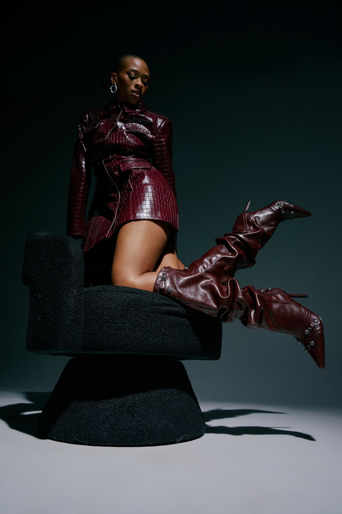 AZALEA WANG TESARA BURGUNDY RUCHED STILETTO BOOT WITH HARDWARE