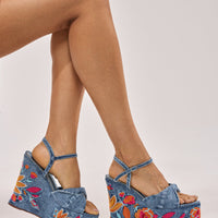 AZALEA WANG TIALA DENIM FLORAL EMBROIDERED STRAP WEDGE SANDAL