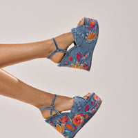 AZALEA WANG TIALA DENIM FLORAL EMBROIDERED STRAP WEDGE SANDAL