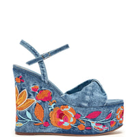 AZALEA WANG TIALA DENIM FLORAL EMBROIDERED STRAP WEDGE SANDAL