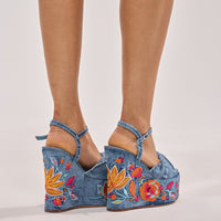 AZALEA WANG TIALA DENIM FLORAL EMBROIDERED STRAP WEDGE SANDAL