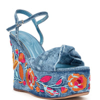 AZALEA WANG TIALA DENIM FLORAL EMBROIDERED STRAP WEDGE SANDAL