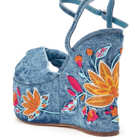 AZALEA WANG TIALA DENIM FLORAL EMBROIDERED STRAP WEDGE SANDAL