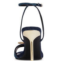 « Scarabée » — Sandales Stiletto Bijoutées, Bleu Marine et Or