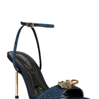 « Scarabée » — Sandales Stiletto Bijoutées, Bleu Marine et Or