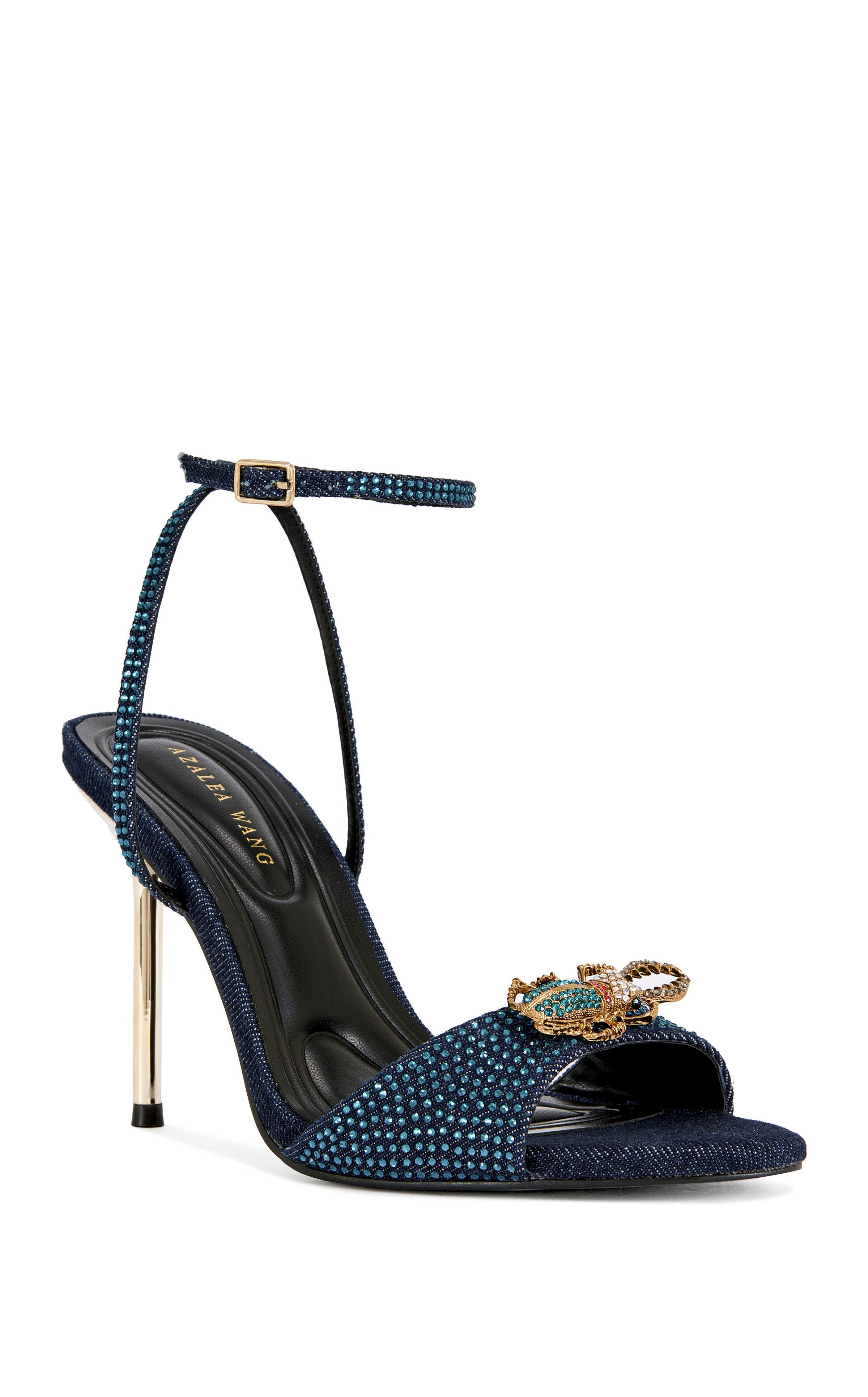 « Scarabée » — Sandales Stiletto Bijoutées, Bleu Marine et Or