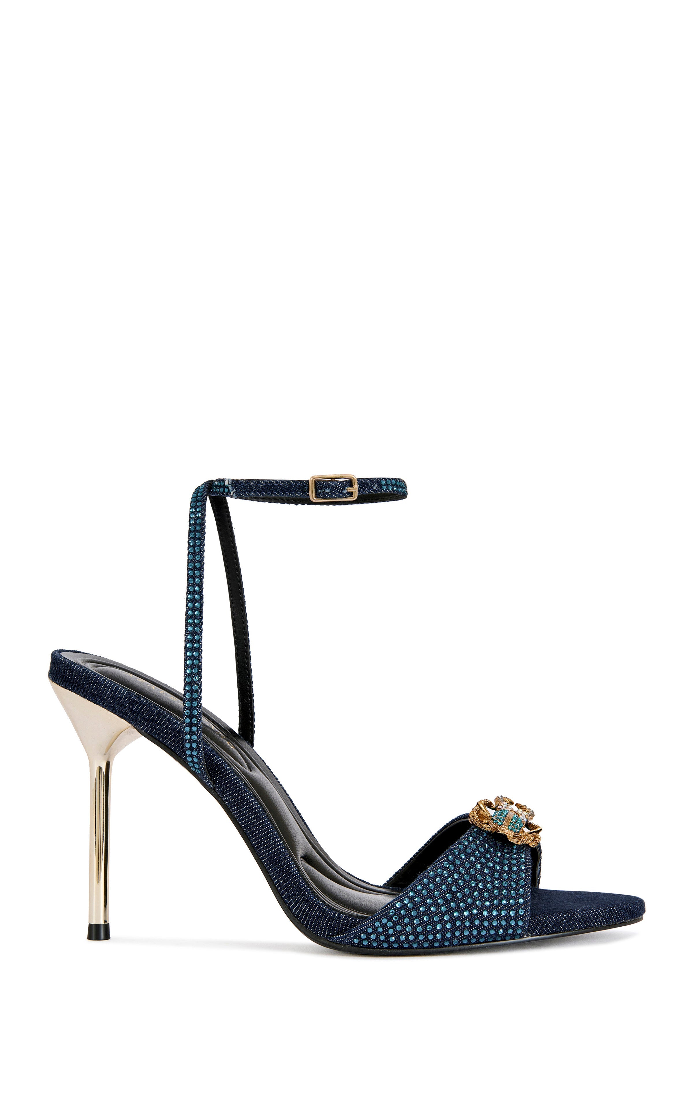 « Scarabée » — Sandales Stiletto Bijoutées, Bleu Marine et Or