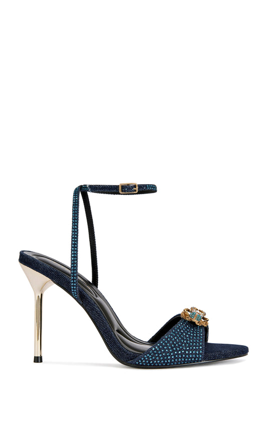 « Scarabée » — Sandales Stiletto Bijoutées, Bleu Marine et Or