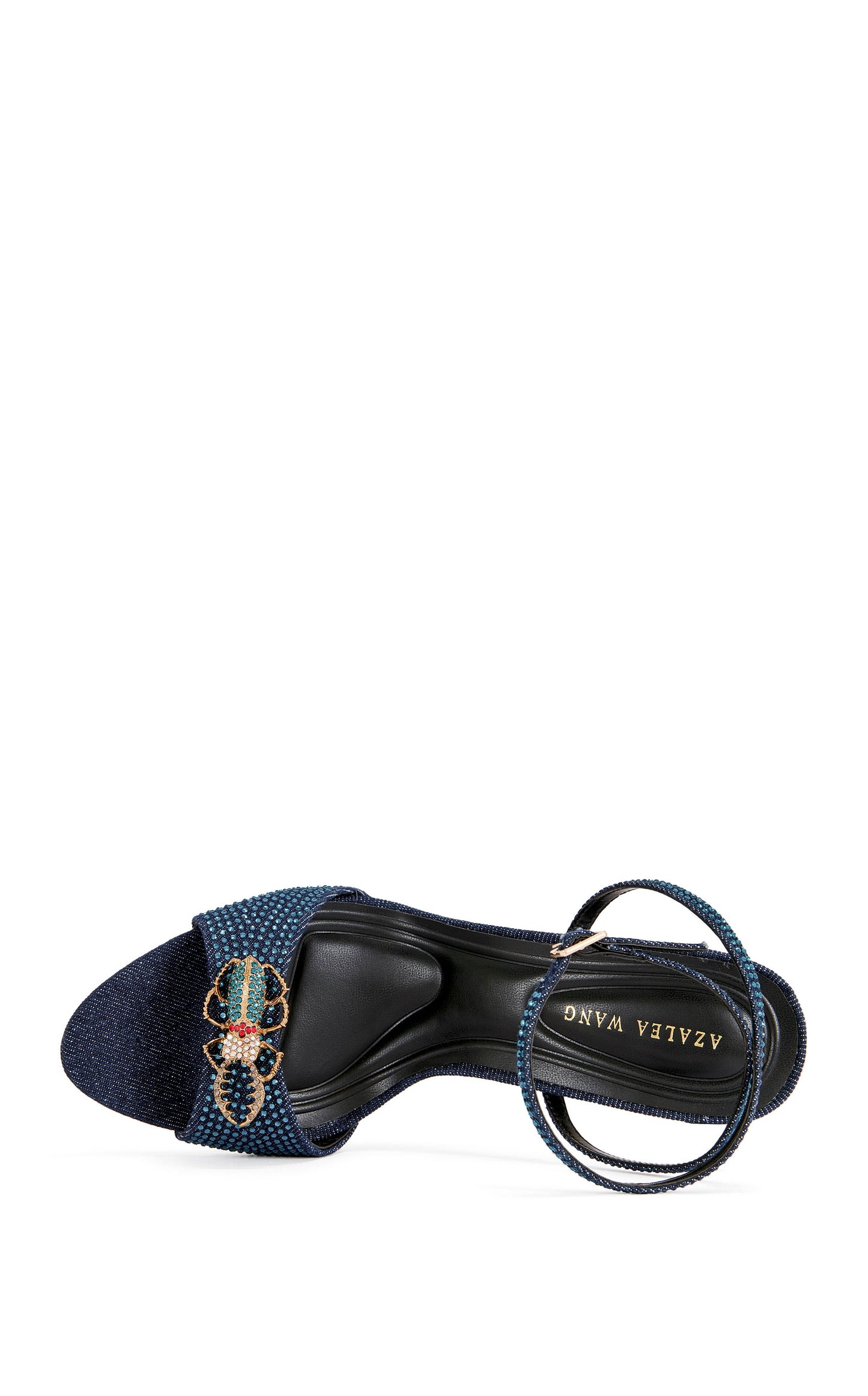 « Scarabée » — Sandales Stiletto Bijoutées, Bleu Marine et Or