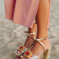 « Jardin » — Sandales Plateforme en Brocart, Rose Multicolore
