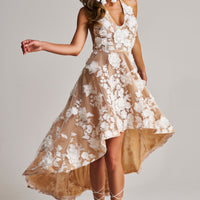 « Lilah » — Robe Mi-Longue Dentelle Fleurie, Nude et Blanc
