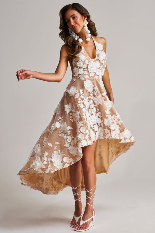 « Lilah » — Robe Mi-Longue Dentelle Fleurie, Nude et Blanc
