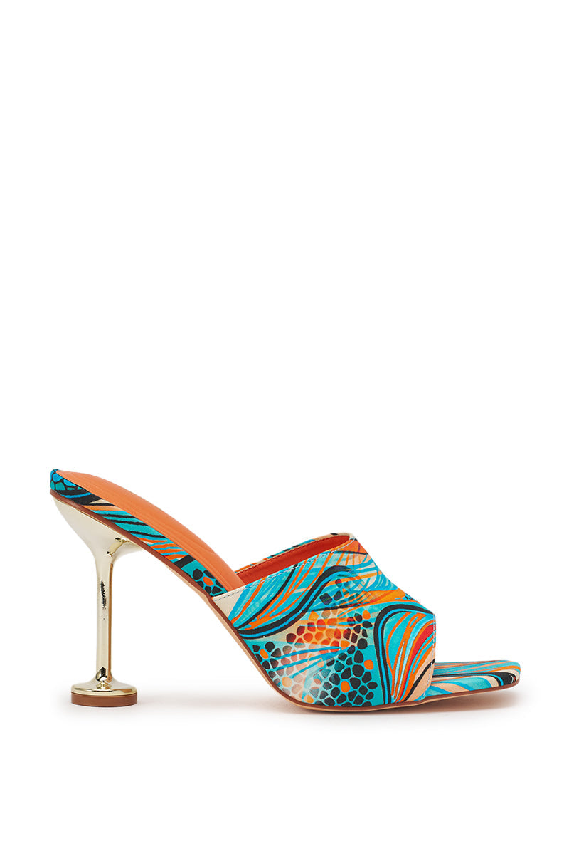 « Aquarelle » — Sandales Stiletto Imprimées, Bleu Multi