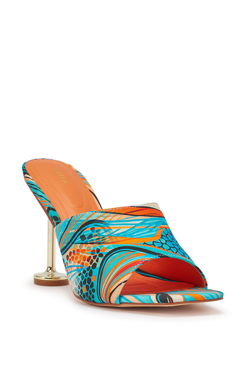 « Aquarelle » — Sandales Stiletto Imprimées, Bleu Multi