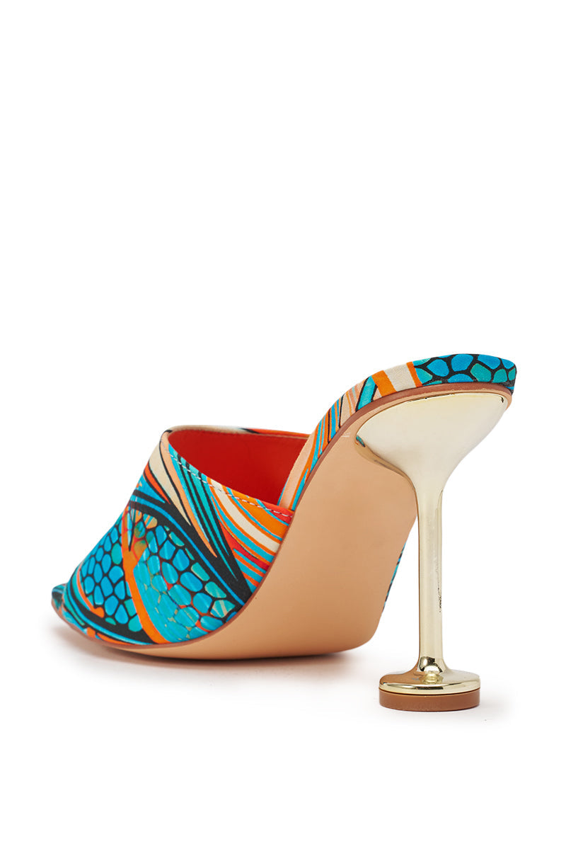 « Aquarelle » — Sandales Stiletto Imprimées, Bleu Multi
