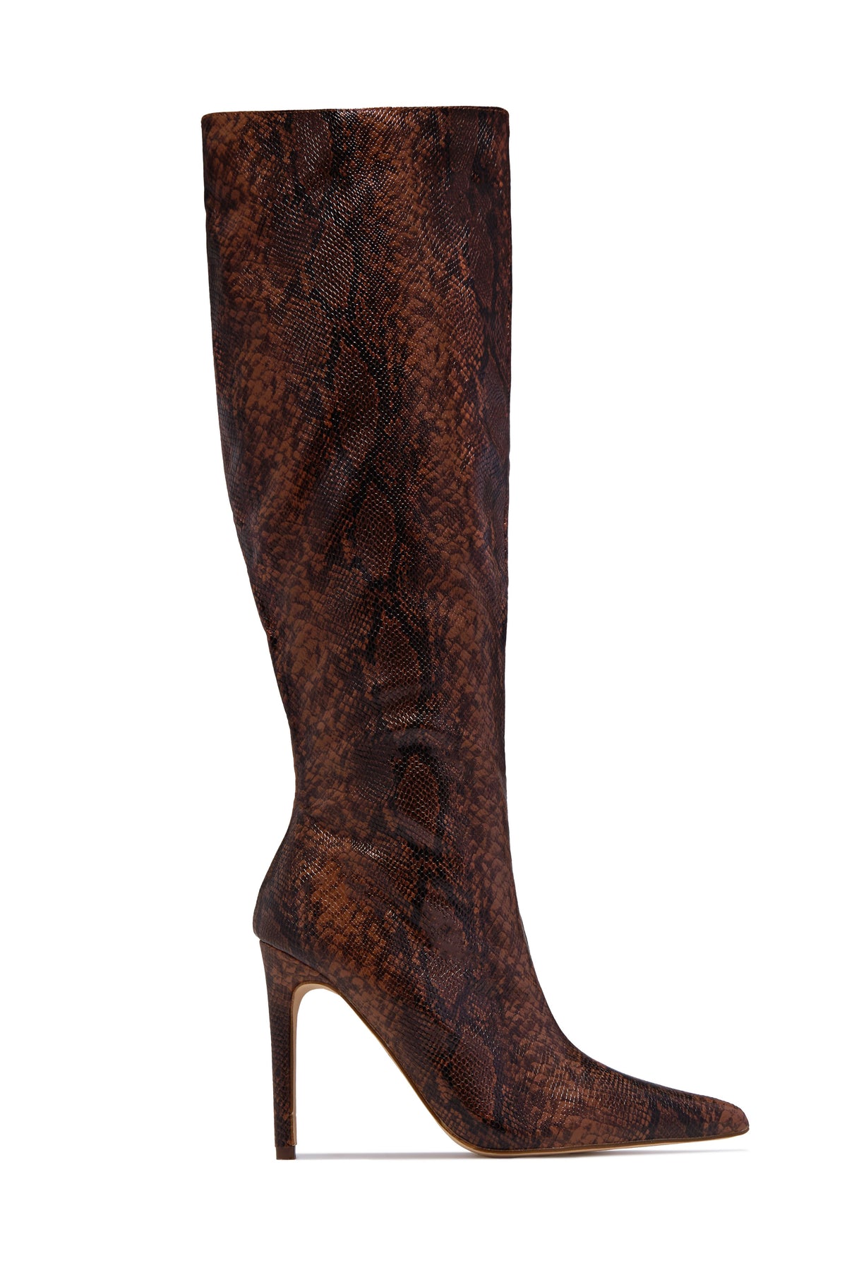 « Serpent Ambre » — Bottes Hautes à Talon Aiguille, Serpent Marron