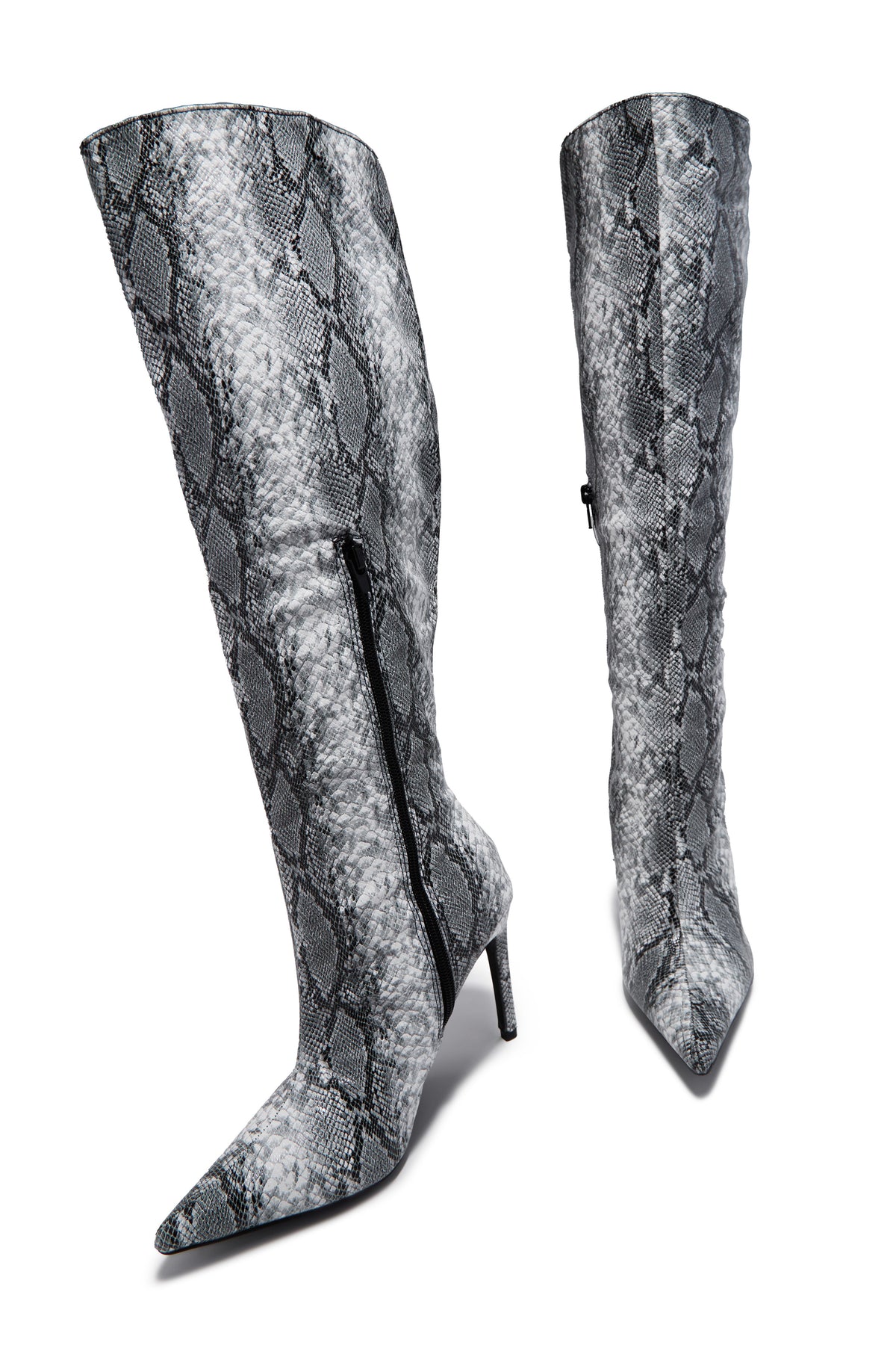 « Serpent Graphique » — Bottes Hautes à Talon Aiguille, Serpent Noir et Blanc