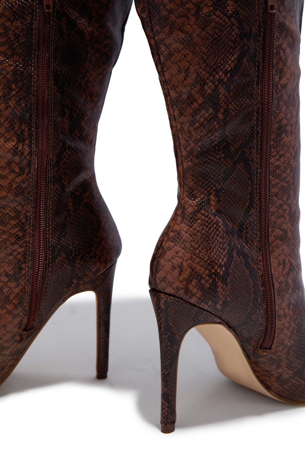 « Serpent Ambre » — Bottes Hautes à Talon Aiguille, Serpent Marron