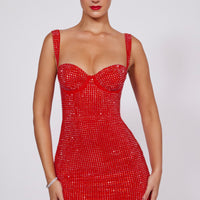 « Rubis » — Robe Mini Corset à Strass, Rouge Feu
