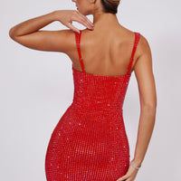 « Rubis » — Robe Mini Corset à Strass, Rouge Feu
