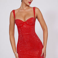 « Rubis » — Robe Mini Corset à Strass, Rouge Feu